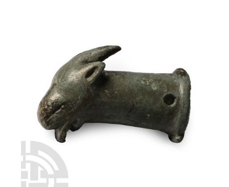 2nd-3rd century A.D.. Hollow-formed with ribbed mouth to the socket. ram-head finial with swept horns, pierced to accept an a