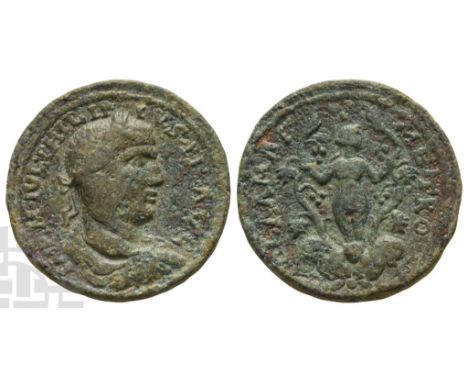 AD 244-249.. IMP M IVL PHILIPPVS P F AVG, laureate, draped and cuirassed bust to right, seen from rear / COL ?AMAC METRO, nud