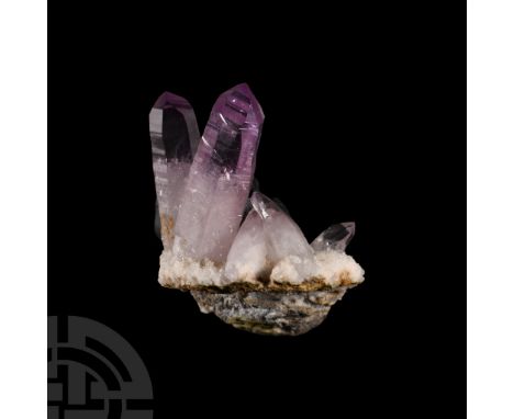 Consisting of two well-formed amethyst crystals extending from a bed of white quartz crystals, collection number 575, with an