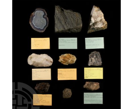 Comprising: a cut and polished agate geode section, collection number 335; a large section of ignimbrite, collection number 8