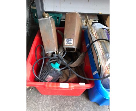 Box of mixed garage items incl last, cans, & tools 