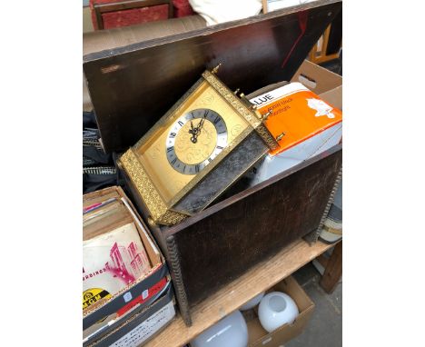 A wooden box with mantle clock, light, crockery etc 