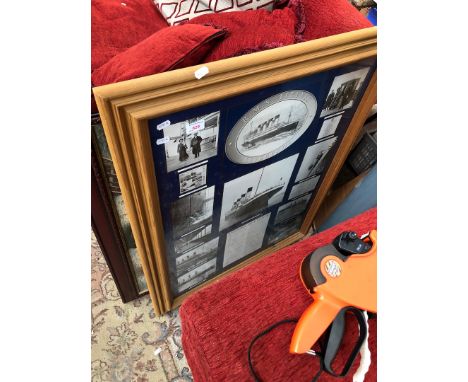 A framed Titanic print with history of events and another print 