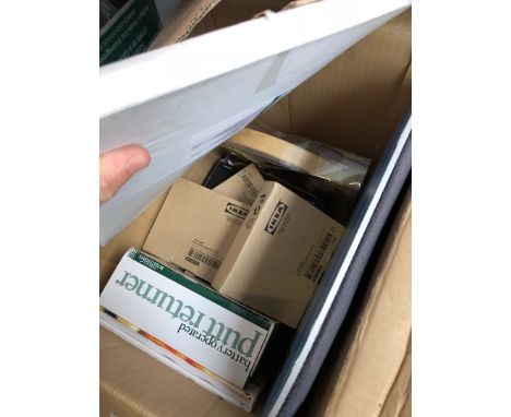A box of misc items including golf putter, lamp shade, herb chopper, Ikea handles, etc 