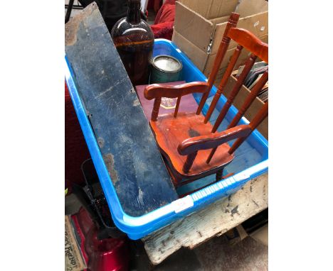 Box containing miniture rocking chair, commemorative ales, fire extinguisher tin, enamel railway sign waiting refreshments et
