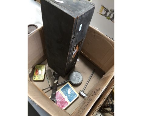 Dunlop junior footpump box, shell playing cards, 2 cycle repair outfits and multiple car tools 