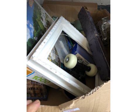 A box of misc including selfie stick, a mini skater board, an "Unique" electrical slide rule, etc 