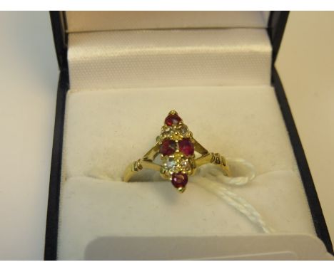 RUBY & DIAMOND RING, 18ct yellow gold ruby and diamond lozenge form ring, size P