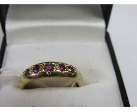 RUBY RING, 5 stone ruby ring in 9ct yellow gold mount, approx size O with ring reducer