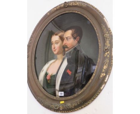 NAPOLEON III & EMPRESS EUGENIE, 19th Century reverse glass oval painting, "Portrait of Napoleon III and Empress Eugenie", 21"