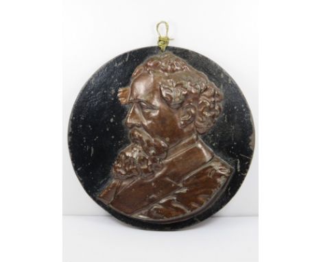 CHARLES DICKENS, a cast iron relief portrait circular plaque, 8" dia