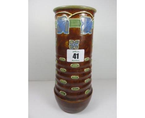 ART DECO DOULTON, a brown glazed ribbed body 8" vase with ivy leaf rim banding, pattern no. 8122 