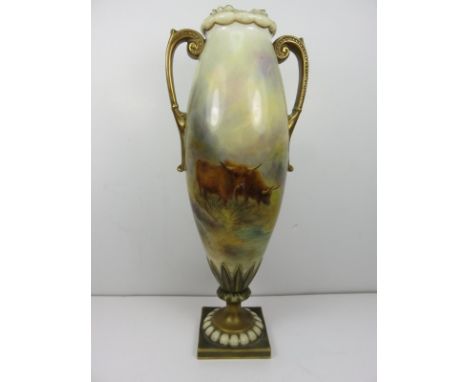 ROYAL WORCESTER STINTON VASE, a twin gilt handled 9" vase painted with highland cattle signed by Stinton, model no. 91046 (ri