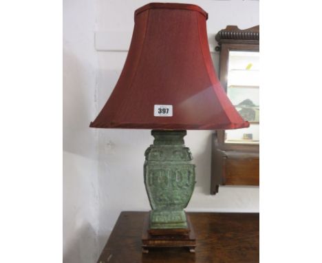 ORIENTAL METALWARE, Chinese archaic design, square base vase converted to table lamp