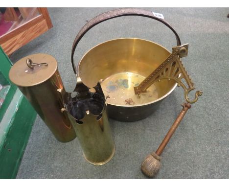 TRENCH ART, worked brass shell case vase and similar shell case bracket gong; also iron handled brass preserve pot