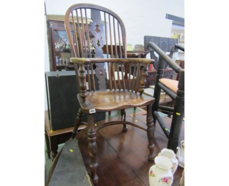 19TH CENTURY WINDSOR ARMCHAIR, yew chair with pierced splat and stick back with crinoline stretcher