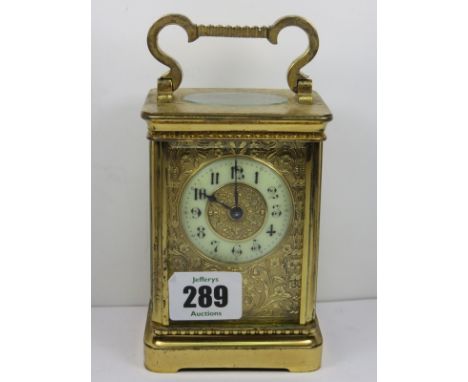 CARRIAGE CLOCK,  an attractive Edwardian floral faced bevel glass carriage clock, 5" height