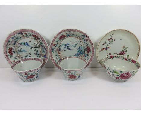 3 FAMILLE ROSE TEA BOWLS & SAUCERS, 2 decorated with riverscapes with hexagonal bowls (minor faults) 
