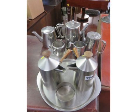 RETRO OLDE HALL STAINLESS STEEL WARE, pair of old hall coffee pots and covers with sugar and tray, also an Old Hall stainless