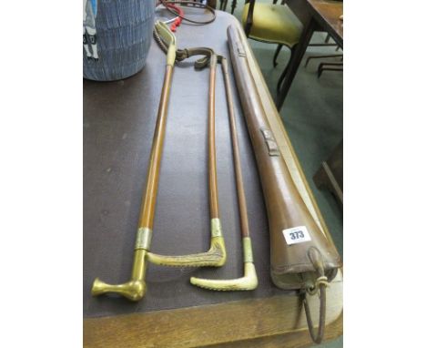 EQUESTRIAN, 2 antler handled riding whips and 1 other, and leather post horn holder