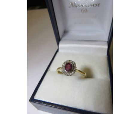 RUBY & DIAMOND RING, ruby and diamond cluster ring on 18ct yellow gold band, size O