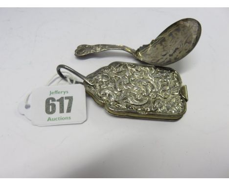 CADDY SPOON AND AIDE MEMOIRE, Georgian HM silver Kings pattern caddy spoon with floral wriggle work caddy spoon and Victorian