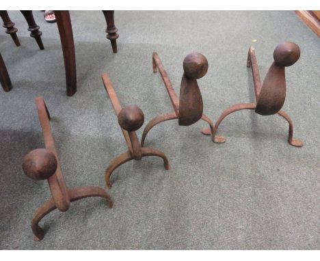 ART NOUVEAU, 2 pairs of wrought iron fire basket andirons 