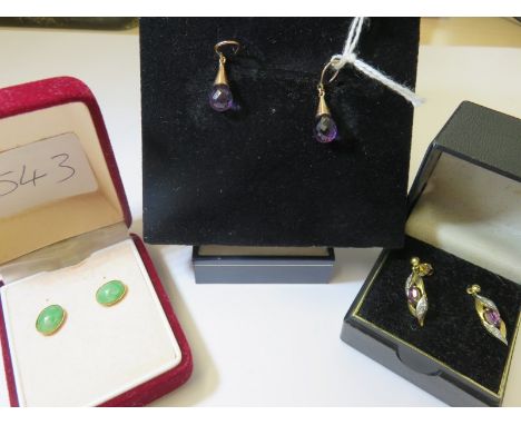 EARRINGS, a pair of amethyst & 9ct gold drop earrings, a pair of jade circular earring together with 1 other pair