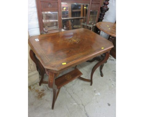 ROSE MARQUETRY OCCASIONAL TABLE, 2 tier marquetry rectangular table with cabriole legs and shelf base