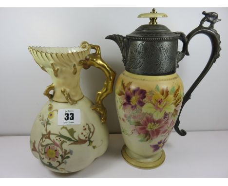 ROYAL WORCESTER, a gilt crab-stock handled ewer jug with floral and arabesque decoration, model no. 1507, together with simil