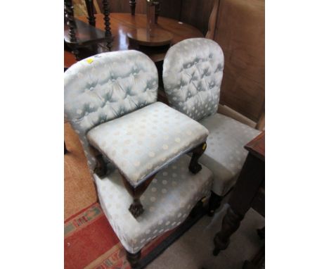BEDROOM CHAIRS, 2 button back bedroom chairs and similar upholstered foot stool on cabriole legs