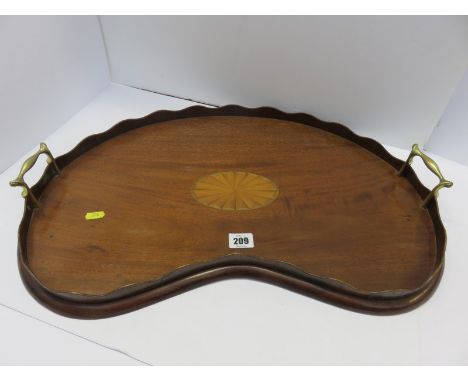 MARQUETRY TRAY, mahogany kidney shaped twin brass handled tray, 22" width