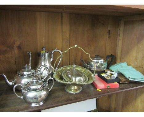 MASONIC JEWELS, small collection of enamelled Masonic badges together with shelf of silver plate table ware