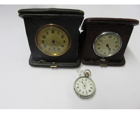 POCKET WATCH, a ladies Swiss silver cased pin set fob watch af also 2 leather cased 1930's travel clocks