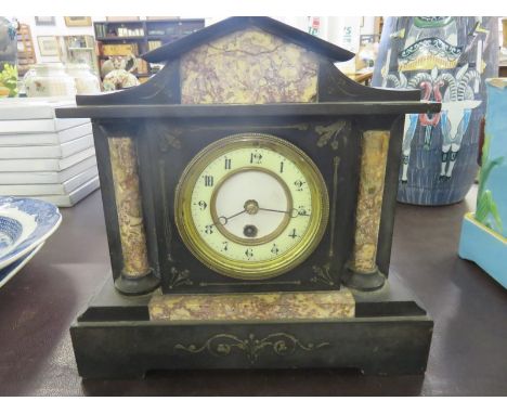 BLACK MARBLE MANTEL CLOCK, late Victorian architectural design inlaid black marble mantel clock 11" high 