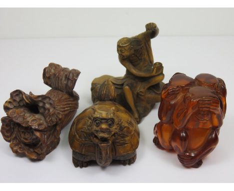 ORIENTAL CARVINGS, carved amber 3 wise monkeys, signed netsuke, also 2 signed fruit wood netsuke and 1 other
