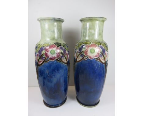 ART DECO DOULTON, pair of blue ground "Tree Rose" pattern 12" vases, pattern 8724A