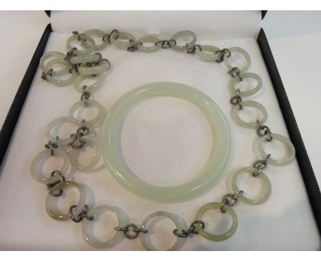 JADE NECKLACE & BANGLE SET, a silver & jade hoop necklace 26 " together with a matching jade bangle