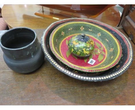 FOLK ART, 2 papier mache bowls and a similar lidded bowl together with blue pottery vase