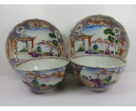 ORIENTAL CERAMICS, pair of 18th Century Chinese export scalloped edge bowls with matching saucers, decorated with figures in 
