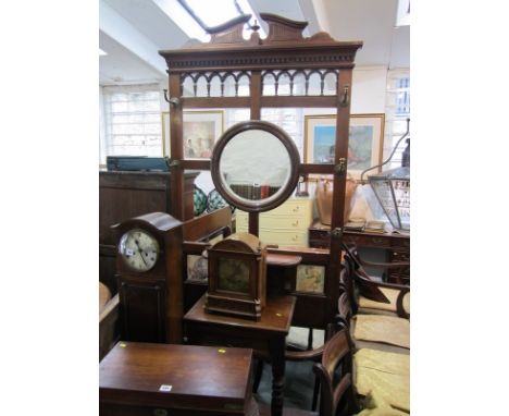 LATE VICTORIAN HALL STAND, mahogany framed hall stand with circular mirror and decorated portrait tiles, fitted 1 drawer and 