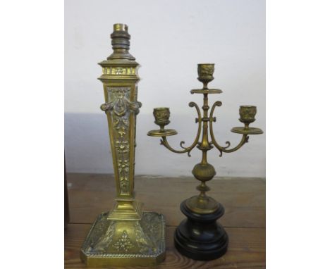 ANTIQUE METALWARE, a brass square base neo-classical table lamp, 14.5" height and Victorian brass triple sconce candelabra 