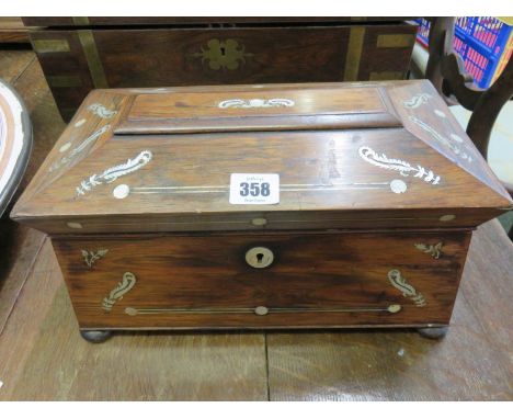 ROSEWOOD TEA CADDY, a mother of pearl inlaid triple section sarcophagus shaped tea caddy 12.5" width 