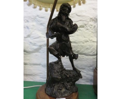 ORIENTAL METALWARE, bronzed figure based table lamp of travelling Sage