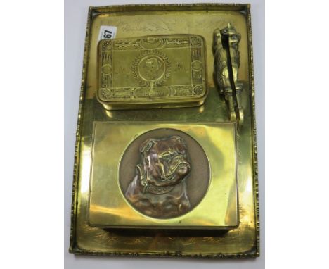 METALWARE, 1914 Princess Mary gift box, also day head design cigarette box, Chinese brass tray and novelty nut crackers 