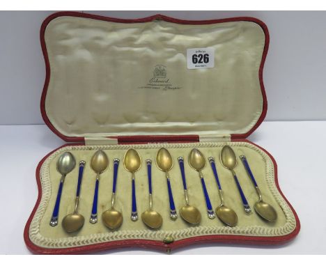ENAMELLED SILVER GILT COFFEE SPOONS, attractive cased set of 12 Art Nouveau - style blue enamelled coffee spoons, silver gilt