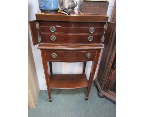 CANTEEN TABLE, satinwood inlaid mahogany serpentine fronted 4 drawer table with shelf base, 18.5" width