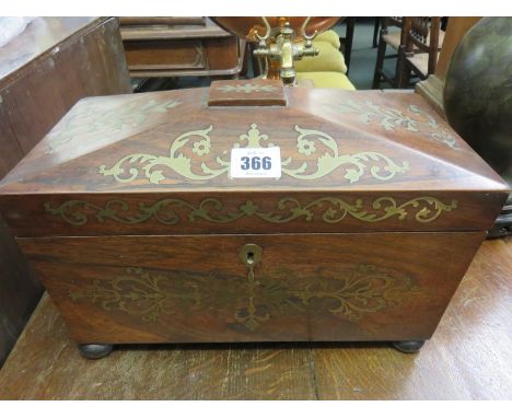 BRASS INLAID TEA CADDY, mahogany triple section sarcophagus shaped tea caddy with attractive brass foliate inlay, 12.5" 