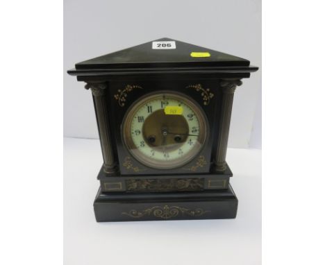 VICTORIAN BRACKET CLOCK, black marble architectural design mantle clock, brass column and relief plaque, 11"high