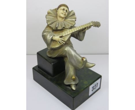 ART DECO-DESIGN FIGURE, a patinated metal figure of a seated pierot mandolin player, 6" height